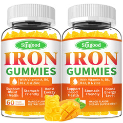 Sijigood iron gummies bottle front shows vegan mango flavor and easy daily intake.