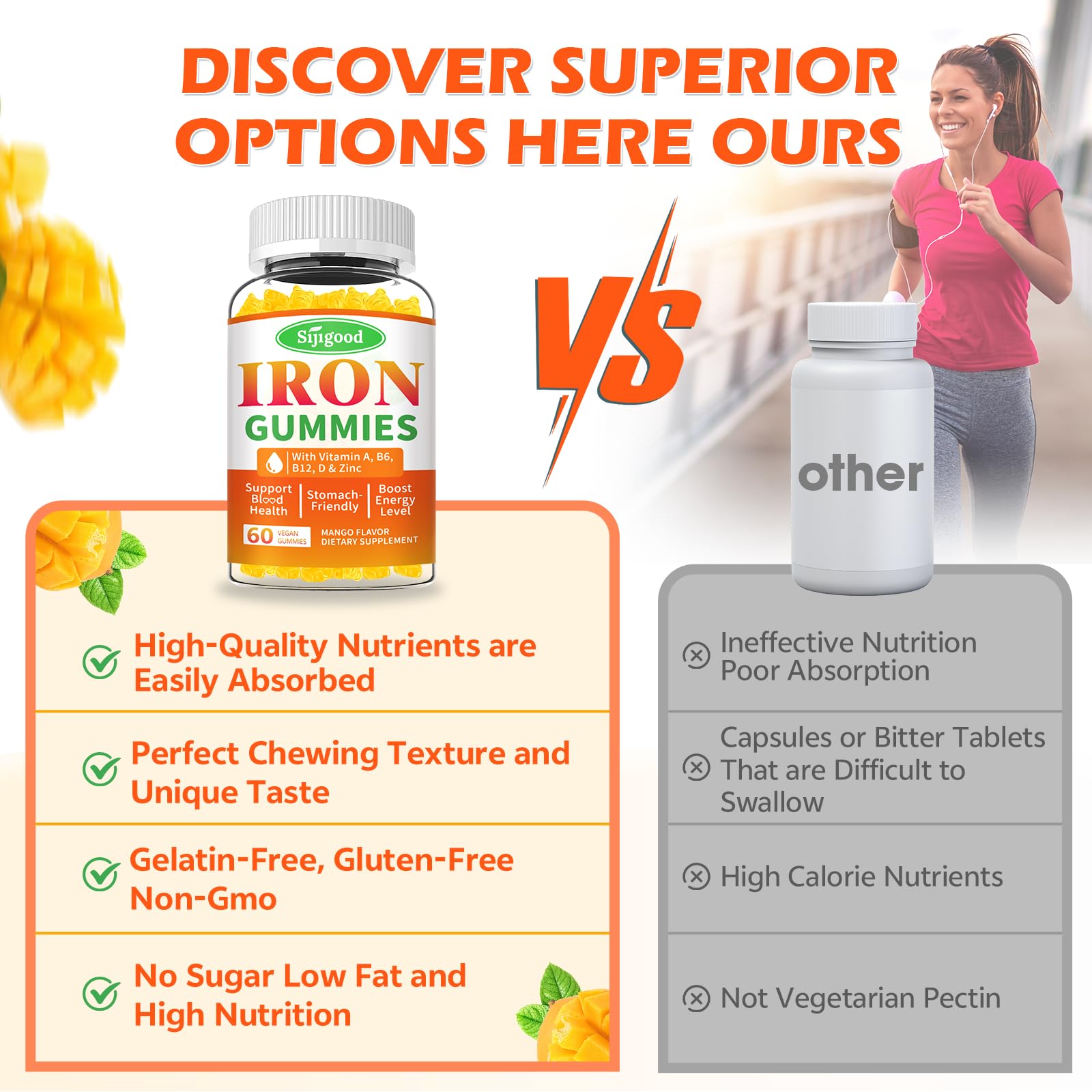 Sijigood iron gummies ingredients glass highlights zinc and folate blend.