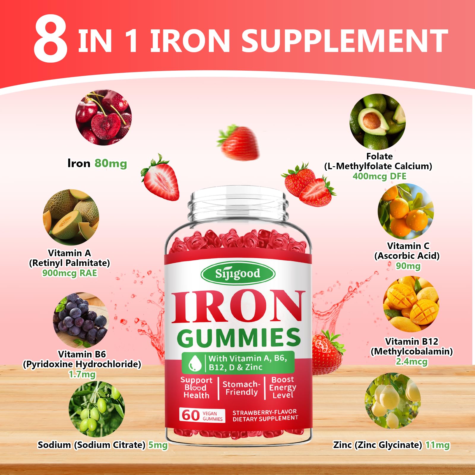 Packaging label of Sijigood iron gummies highlighting quality