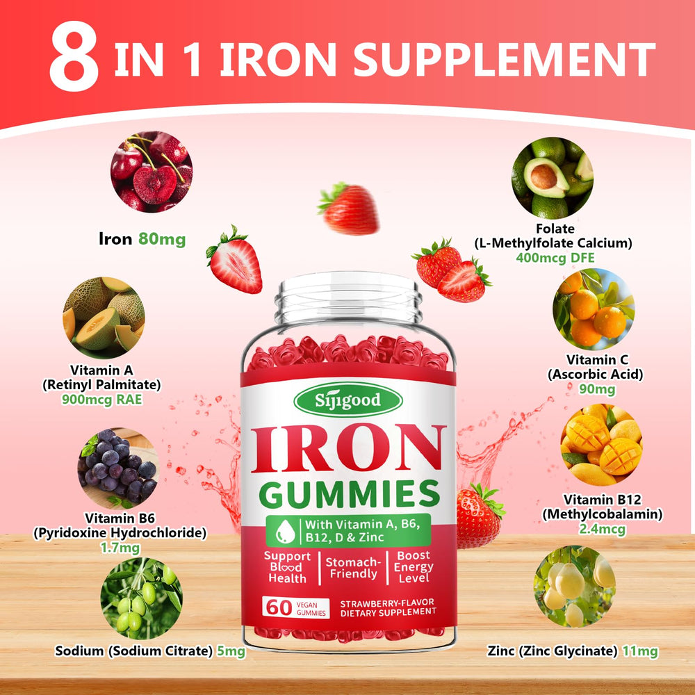 Packaging label of Sijigood iron gummies highlighting quality