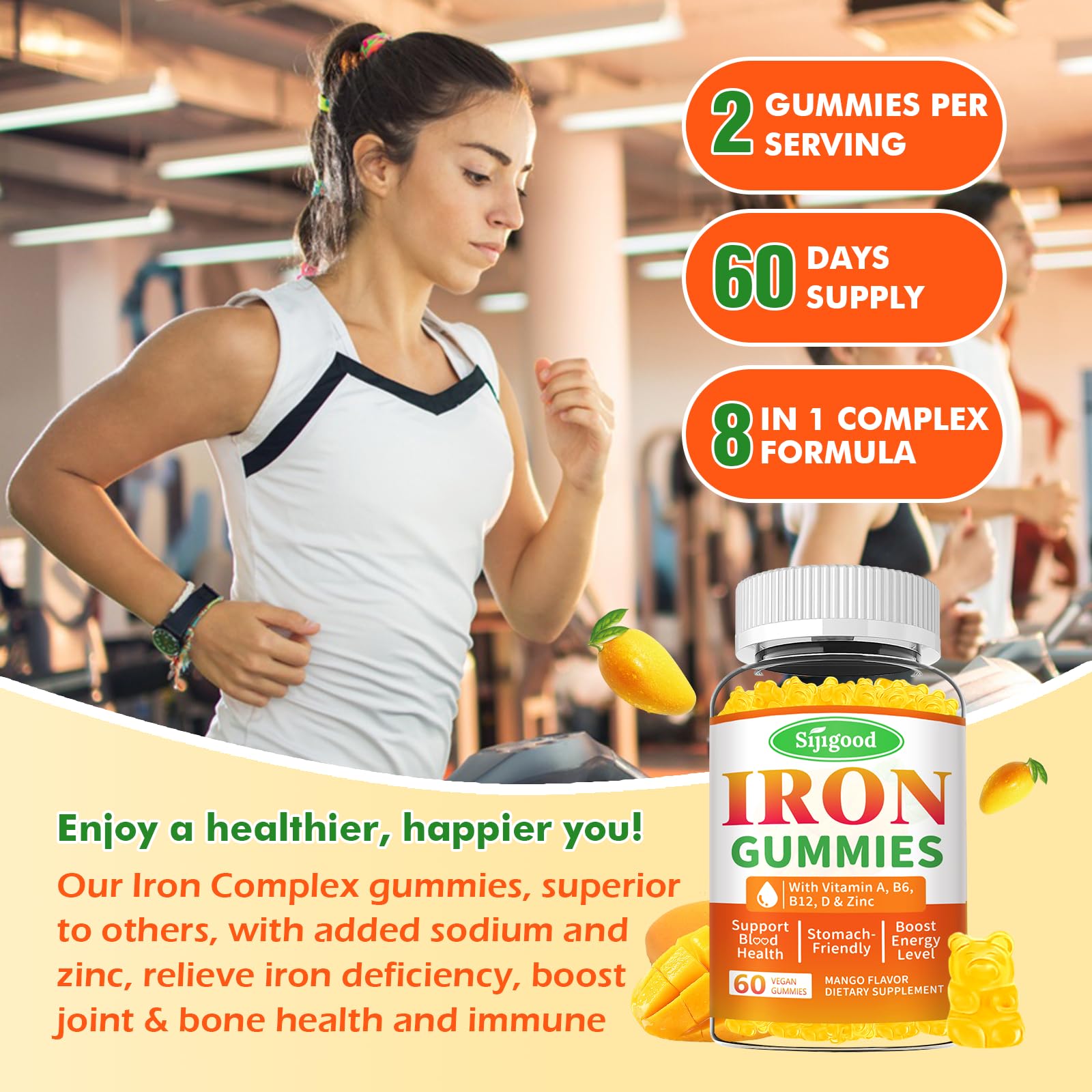 Sijigood iron gummies packaging view shows mango flavor banner.