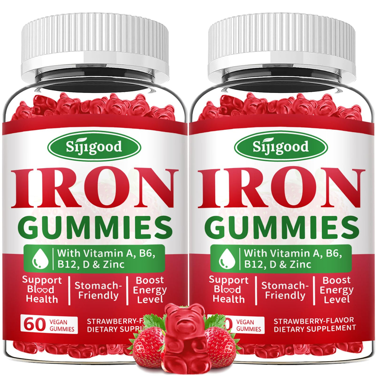 Sijigood iron gummies strawberry bottle shown for vegan iron support