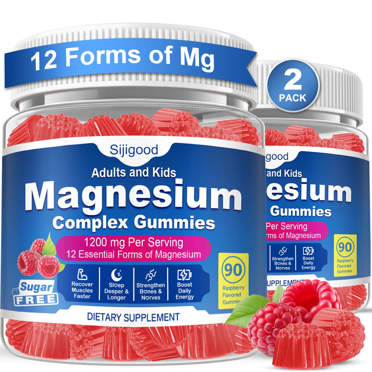 Sijigood Magnesium Gummies bottle front showing raspberry flavor for relaxation