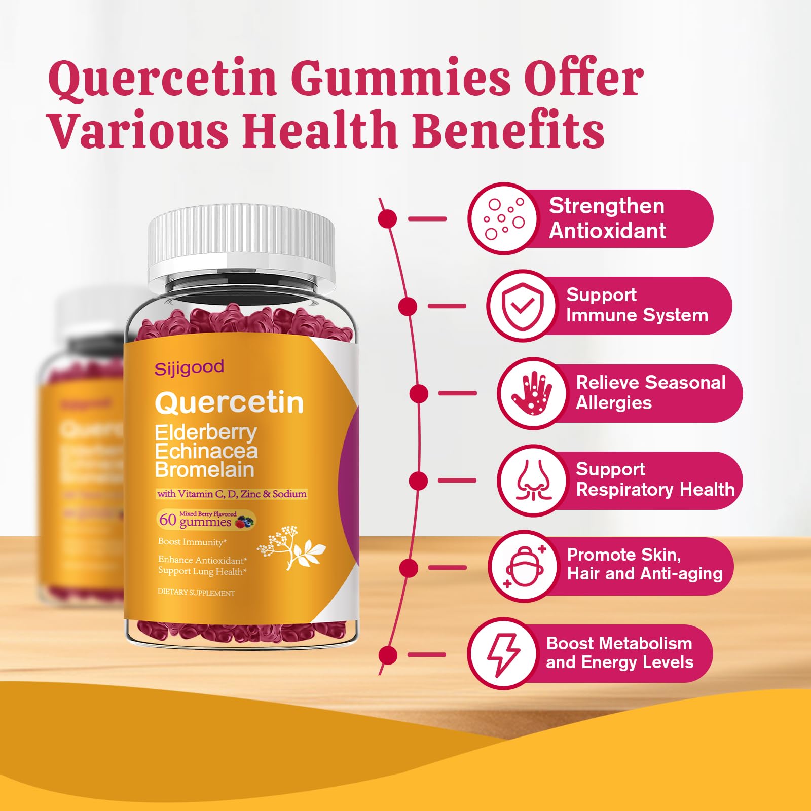 Sijigood Quercetin Gummies close-up bottle showing colorful mixed berry flavor.