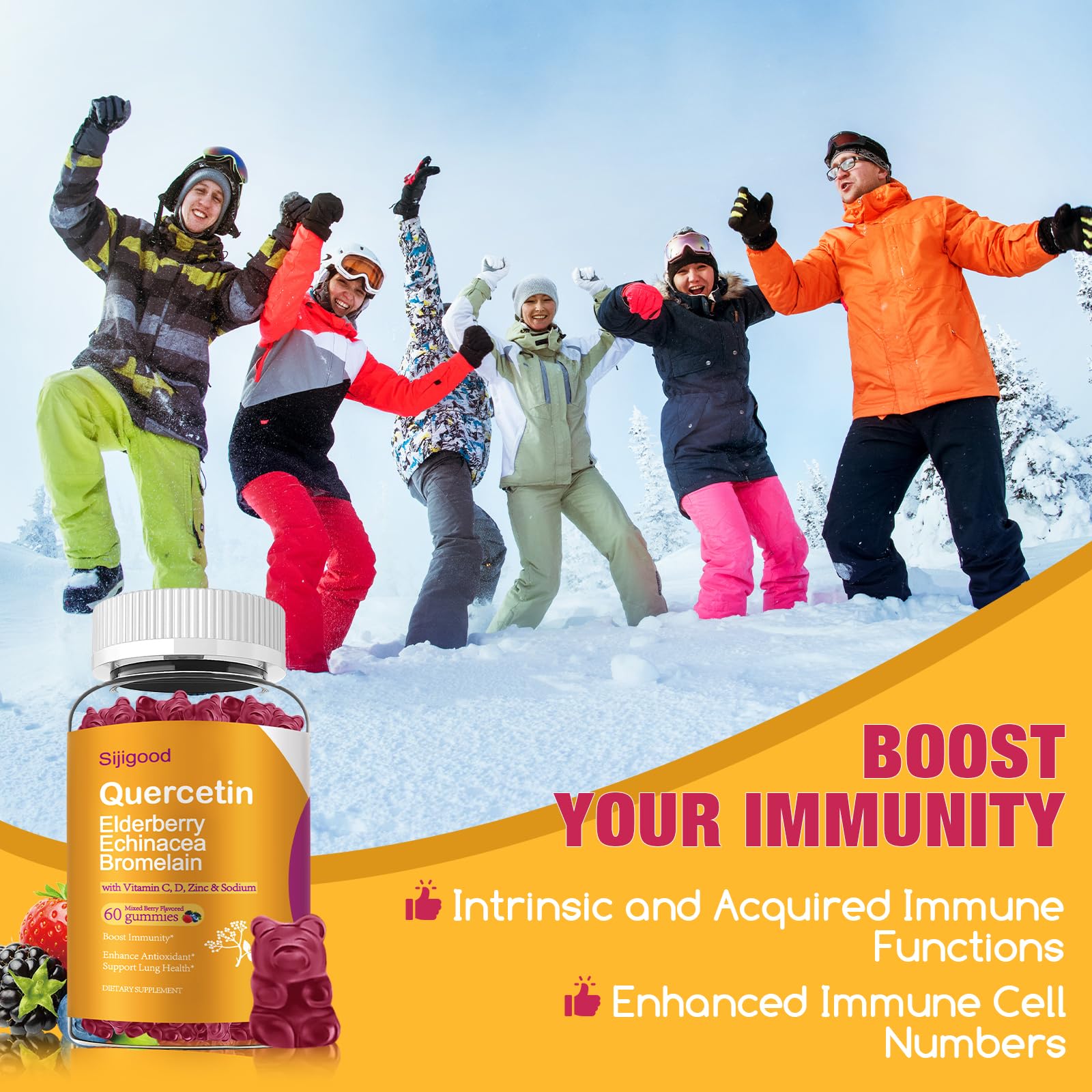 Sijigood Quercetin Gummies with elderberry and bromelain ingredients visual.