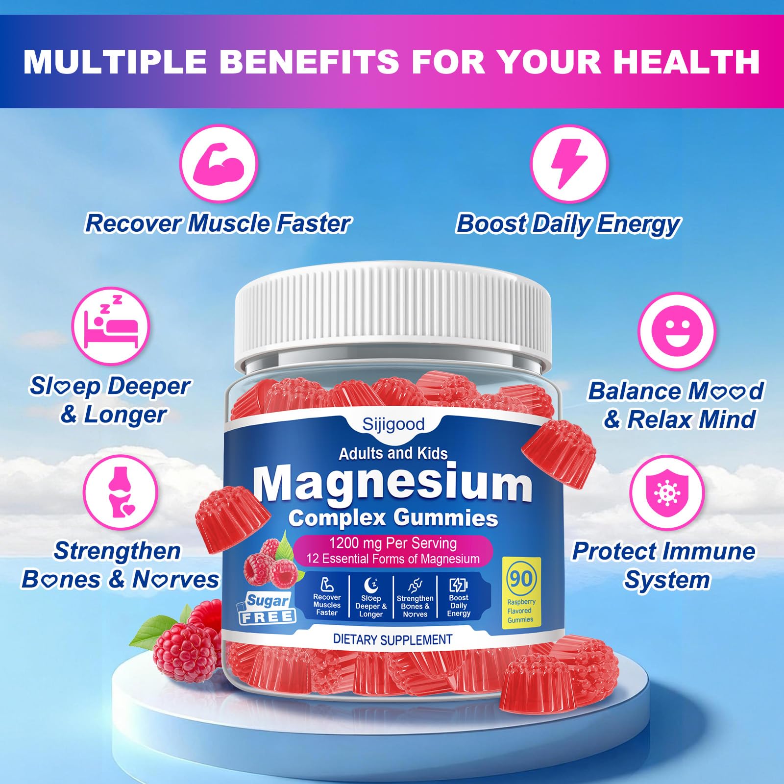 Sijigood raspberry flavor gummies close-up for daily magnesium support