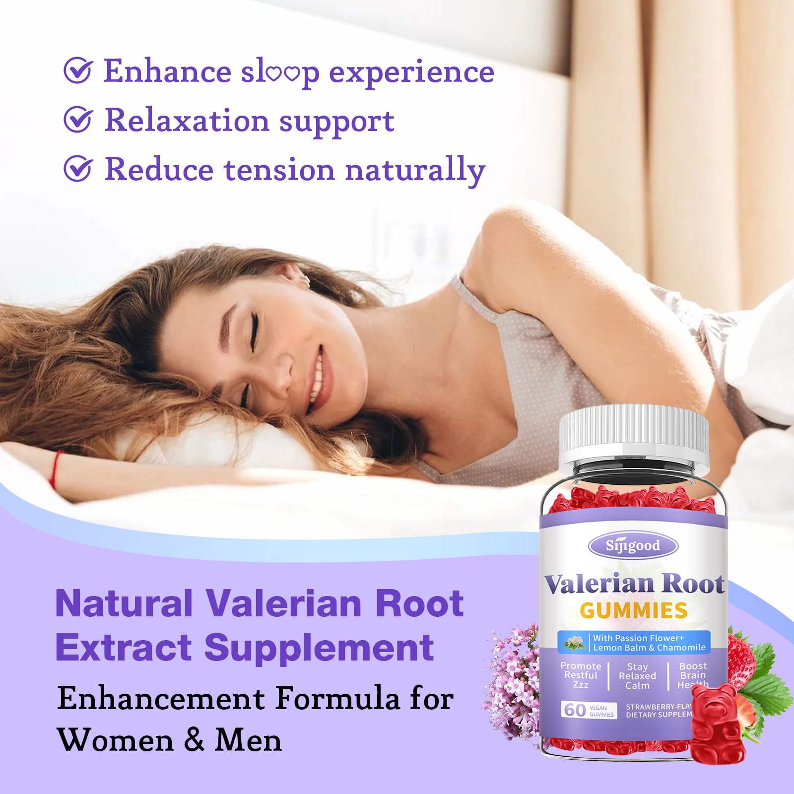 Sijigood valerian gummies 2-pack display signals budget-friendly nightly support.