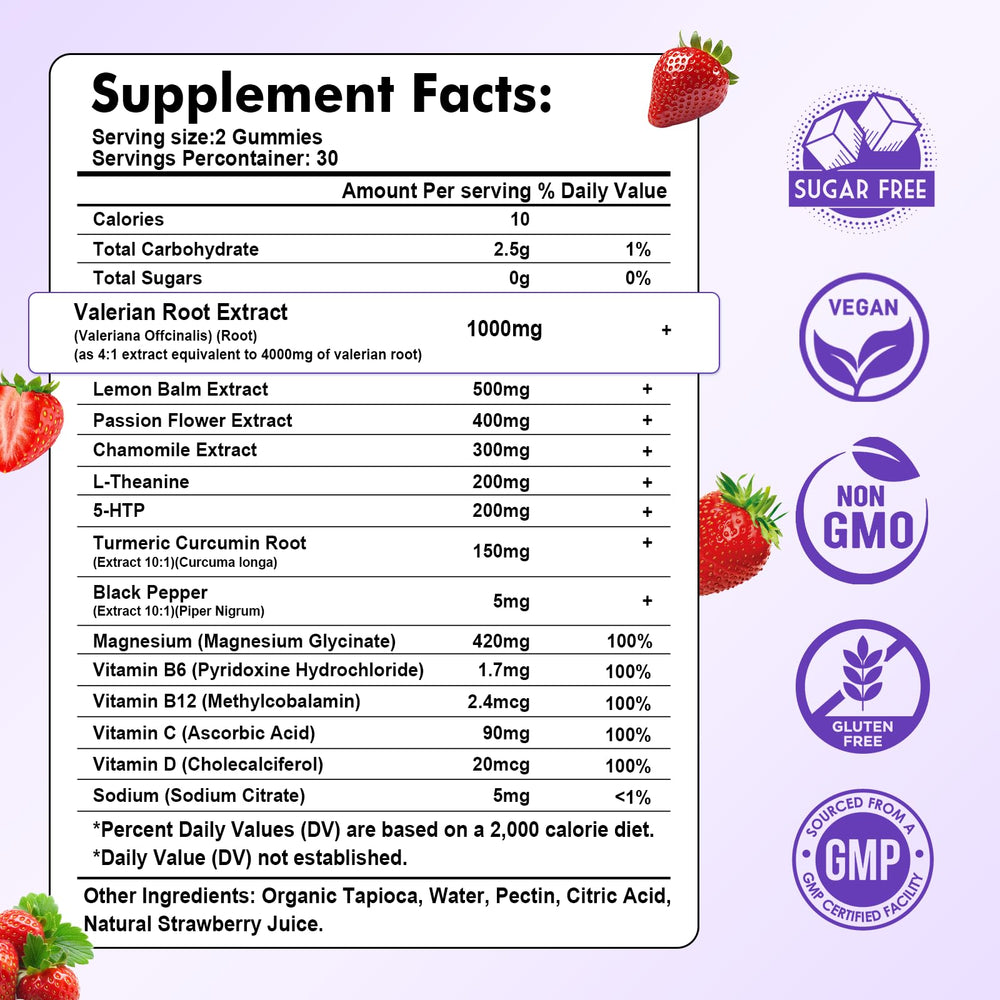 Sijigood valerian gummies label close-up highlights strawberry flavor and gentle chew.