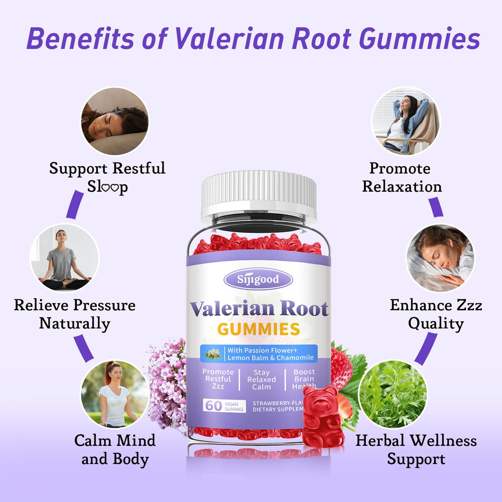 Sijigood valerian gummies strawberry pack suggests a soothing pre-bed ritual.