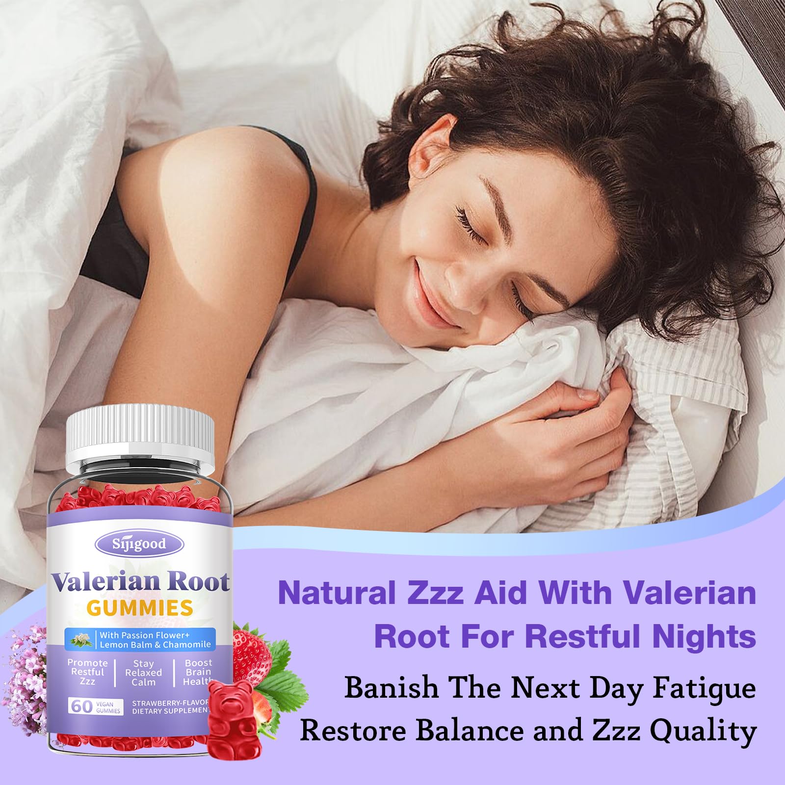 Sijigood valerian gummies vegan-non-gmo label highlights plant-based ingredients.