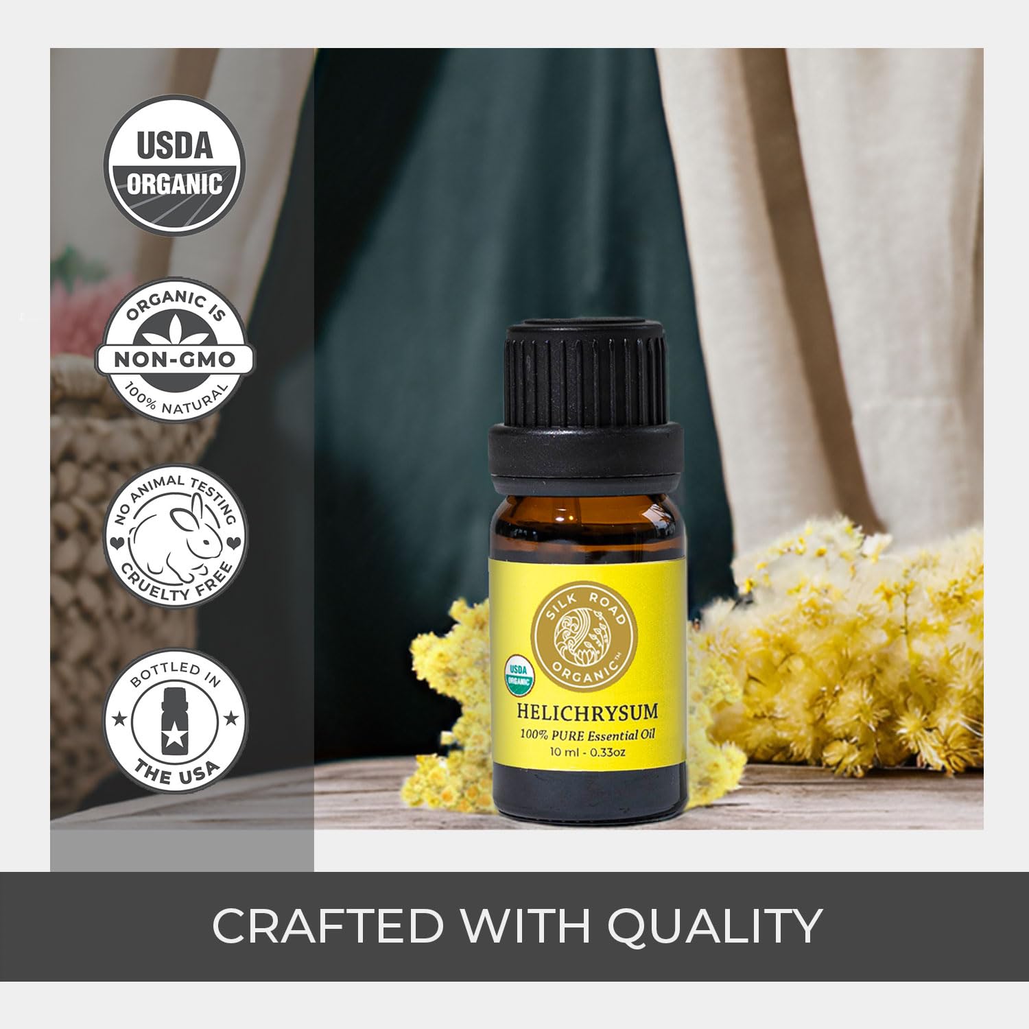 Box packaging highlighting USDA organic seal and pure essential oil without additives