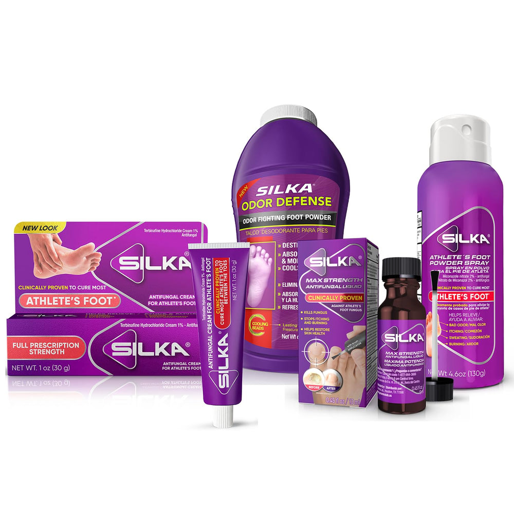 Silka Athletes Foot Spray demonstrated on skin for itching relief and moisture control.