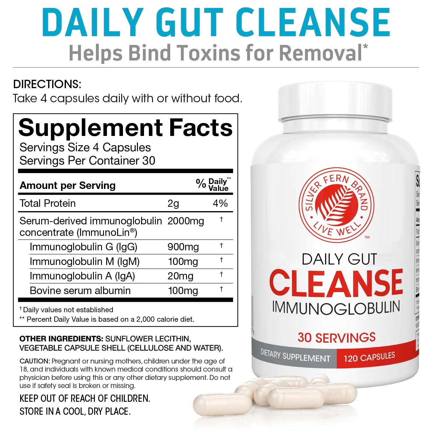 Silver Fern Cleanse capsules close-up emphasizing dairy-free formula for daily gut routine