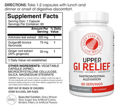 Silver Fern GI Relief bottle back label shows ingredients for potential support after meals.