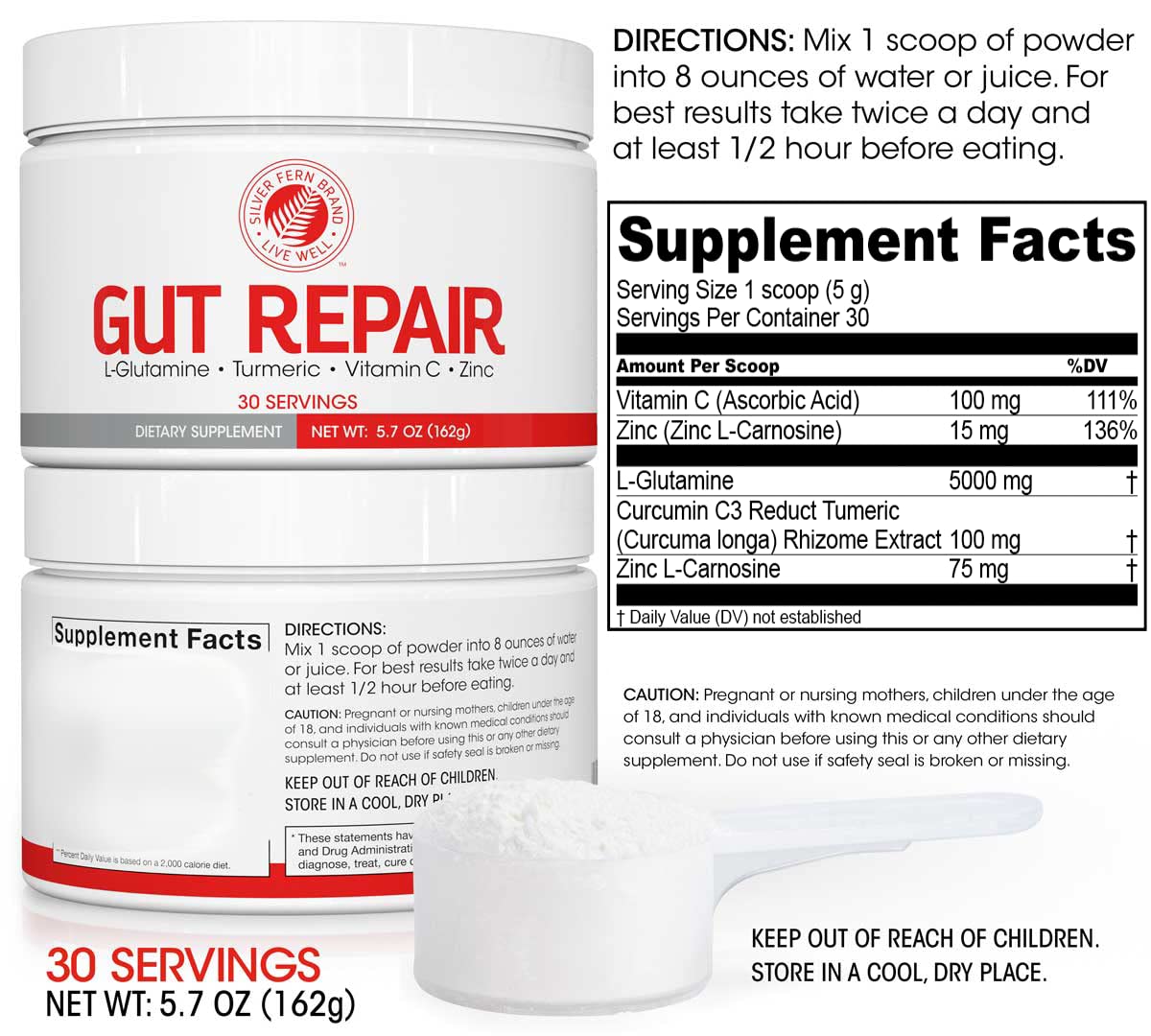 Silver Fern Gut Repair powder pour demonstrates easy daily use for gut health.