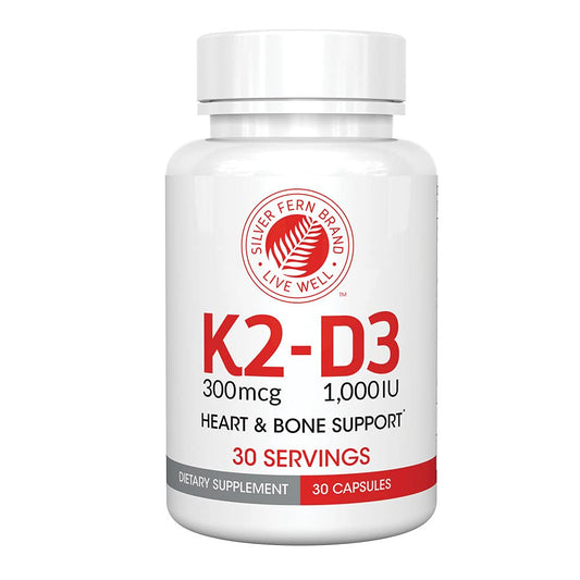 Silver Fern K2-D3 bottle showing natural MK-7 and D3 blend for bone health