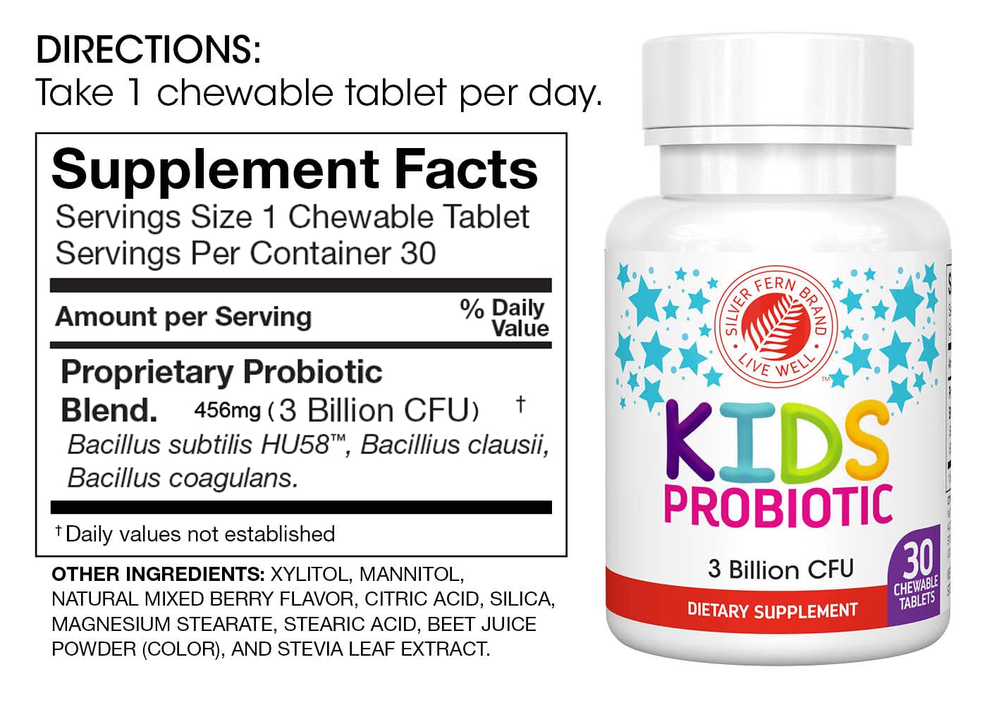 Silver Fern Kids Ultimate Probiotic bottle back with label details.