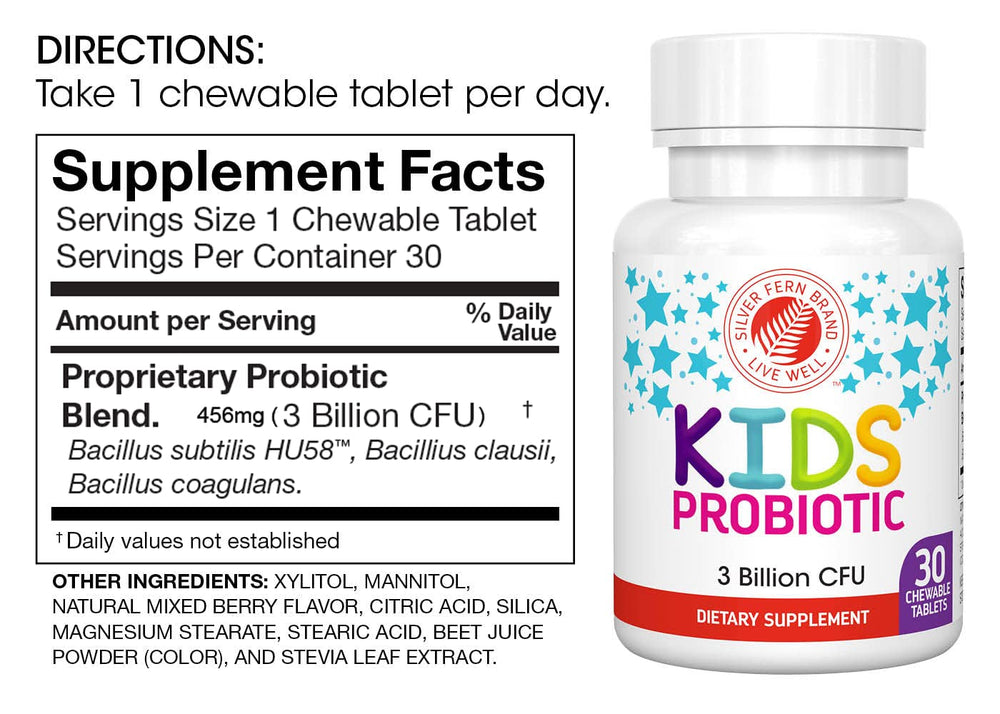 Silver Fern Kids Ultimate Probiotic bottle back with label details.
