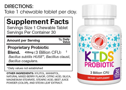 Silver Fern Kids Ultimate Probiotic bottle back with label details.