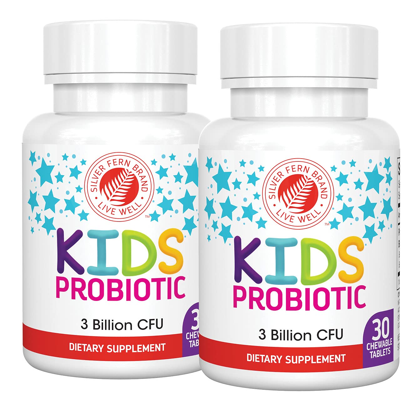 Silver Fern Kids Ultimate Probiotic bottle front with berry-chewable tablets for daily gut support
