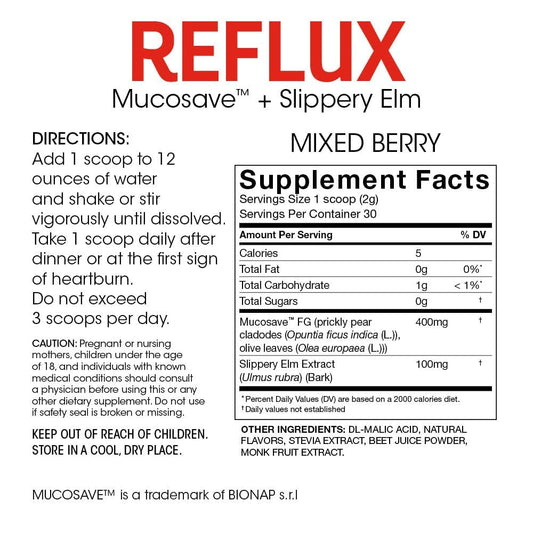 Silver Fern Reflux ingredient panel highlights Mucosave FG and olive leaf biophenols.