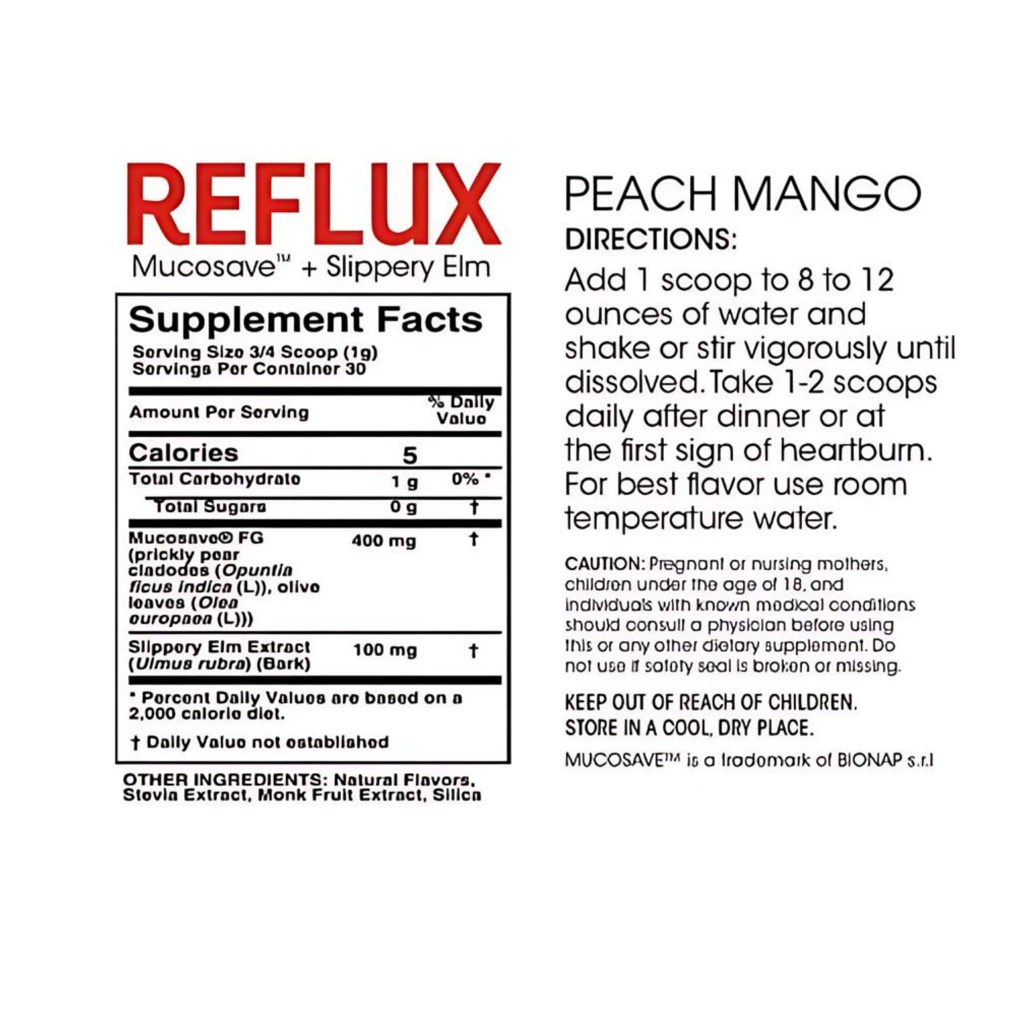 Silver Fern Reflux with Mucosave FG highlights prickly pear polysaccharides for mucosal support.