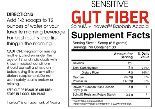 Silver Fern Sensitive Gut Fiber tub packaging illustrating a 60-scoop two-tub supply.