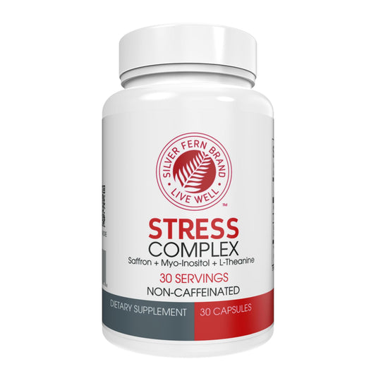 Silver Fern Stress Complex bottle front view, caffeine-free daily calm.