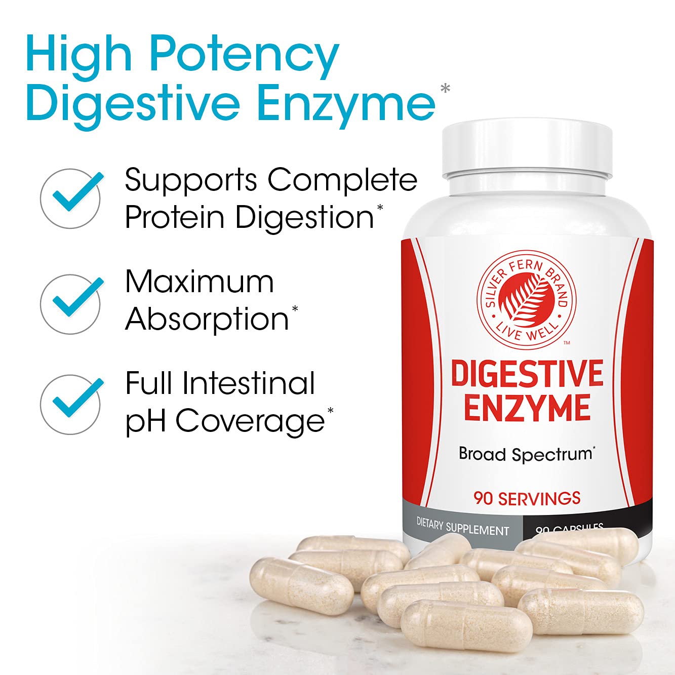 Silver Fern label packaging highlighting high potency enzyme blend for digestion