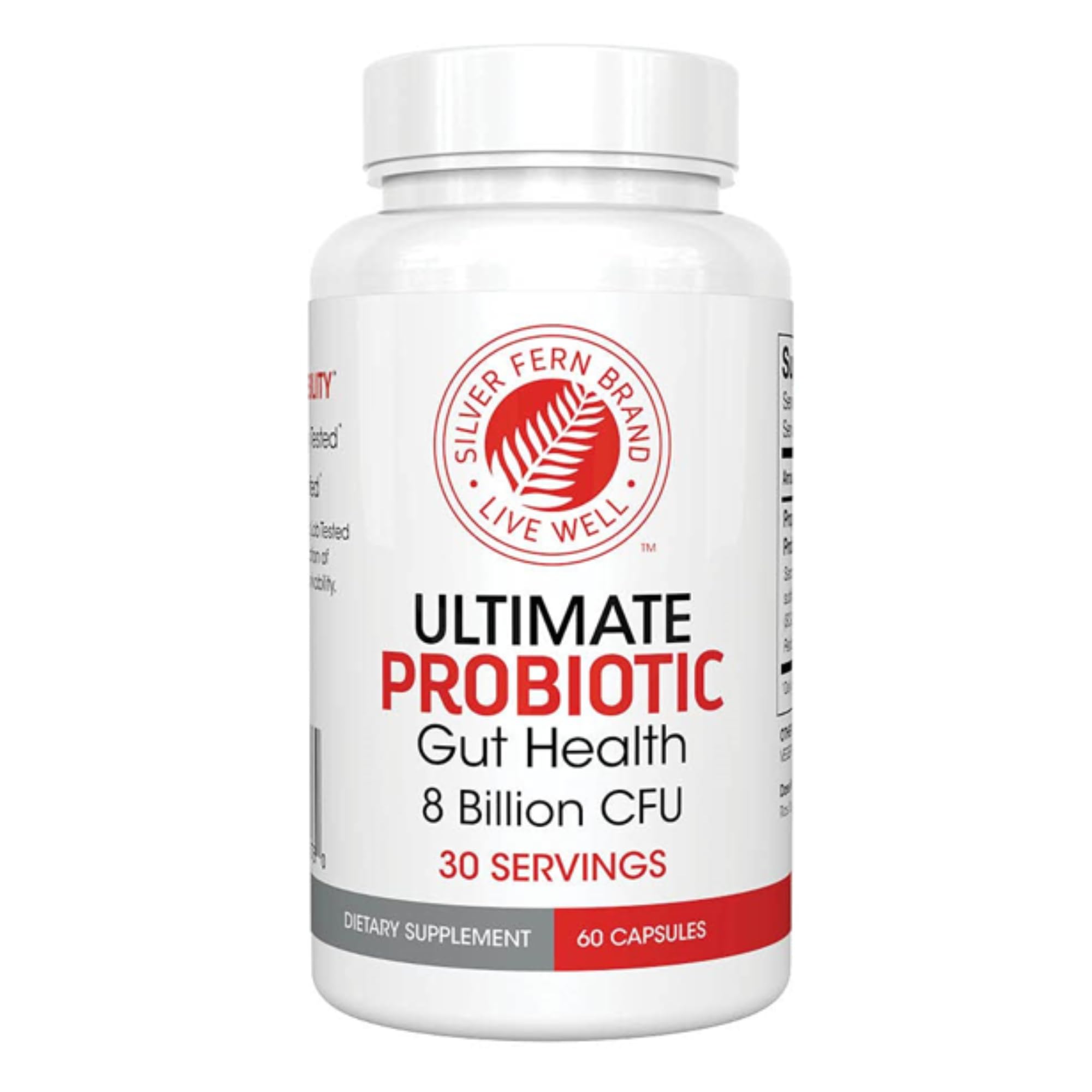 Silver Fern Ultimate Probiotic bottle showing 60 capsules for daily gut support