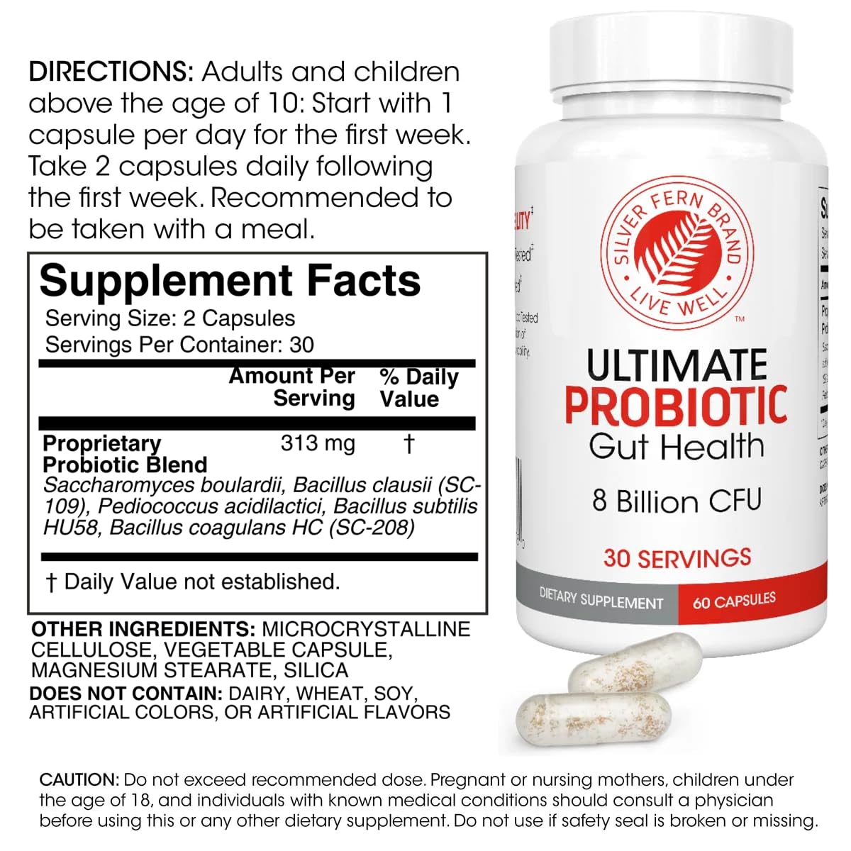 Silver Fern Ultimate Probiotic label highlights DNA verified and spore forming survivability