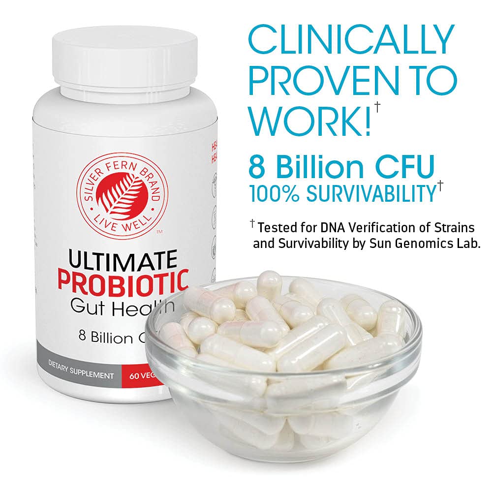 Silver Fern Ultimate Probiotic graphic lists Bacillus coagulans SC-208 and allies