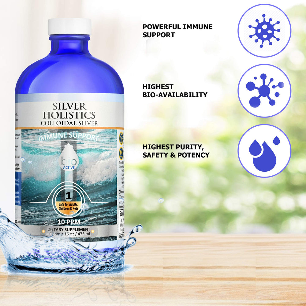 Label highlights distilled water and 99.999% silver ingredients.