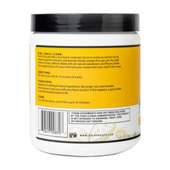 Bulk tub of Roots Focus 50 servings stored on shelf.