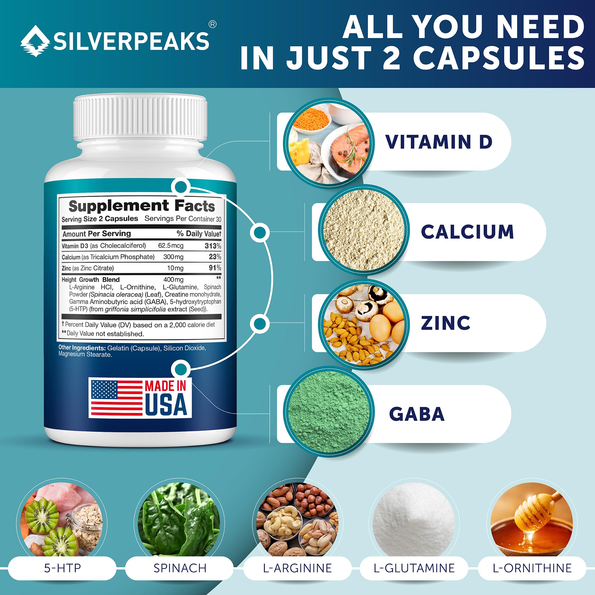 SILVERPEAKS Calcium and Vitamin D formula image highlighting bone health support.