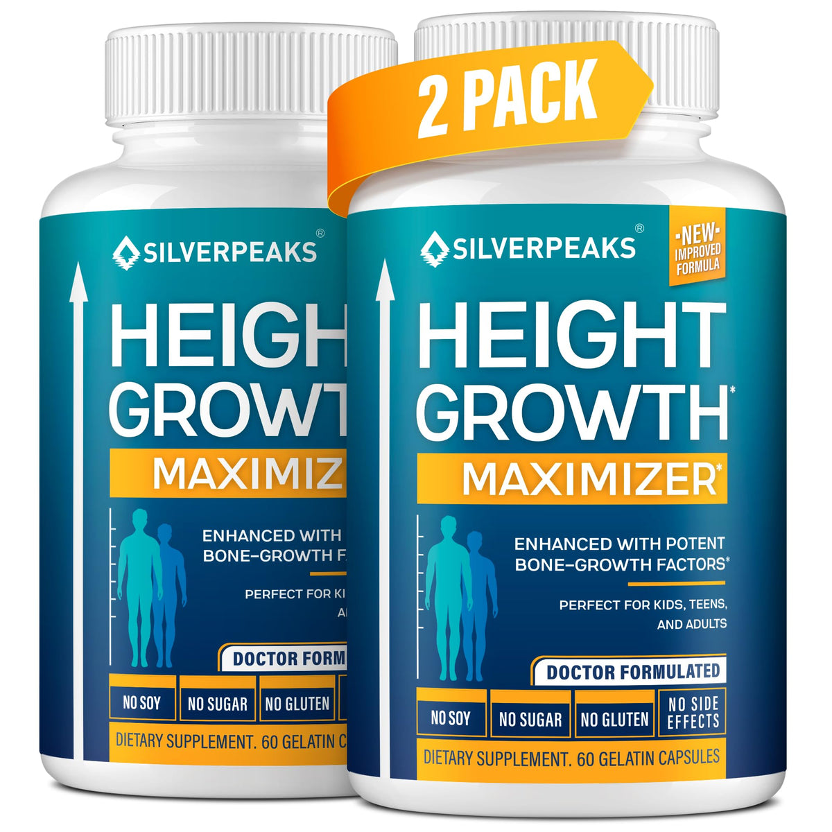 Silverpeaks growth capsules bottle highlighting calcium and vitamin D for bone support
