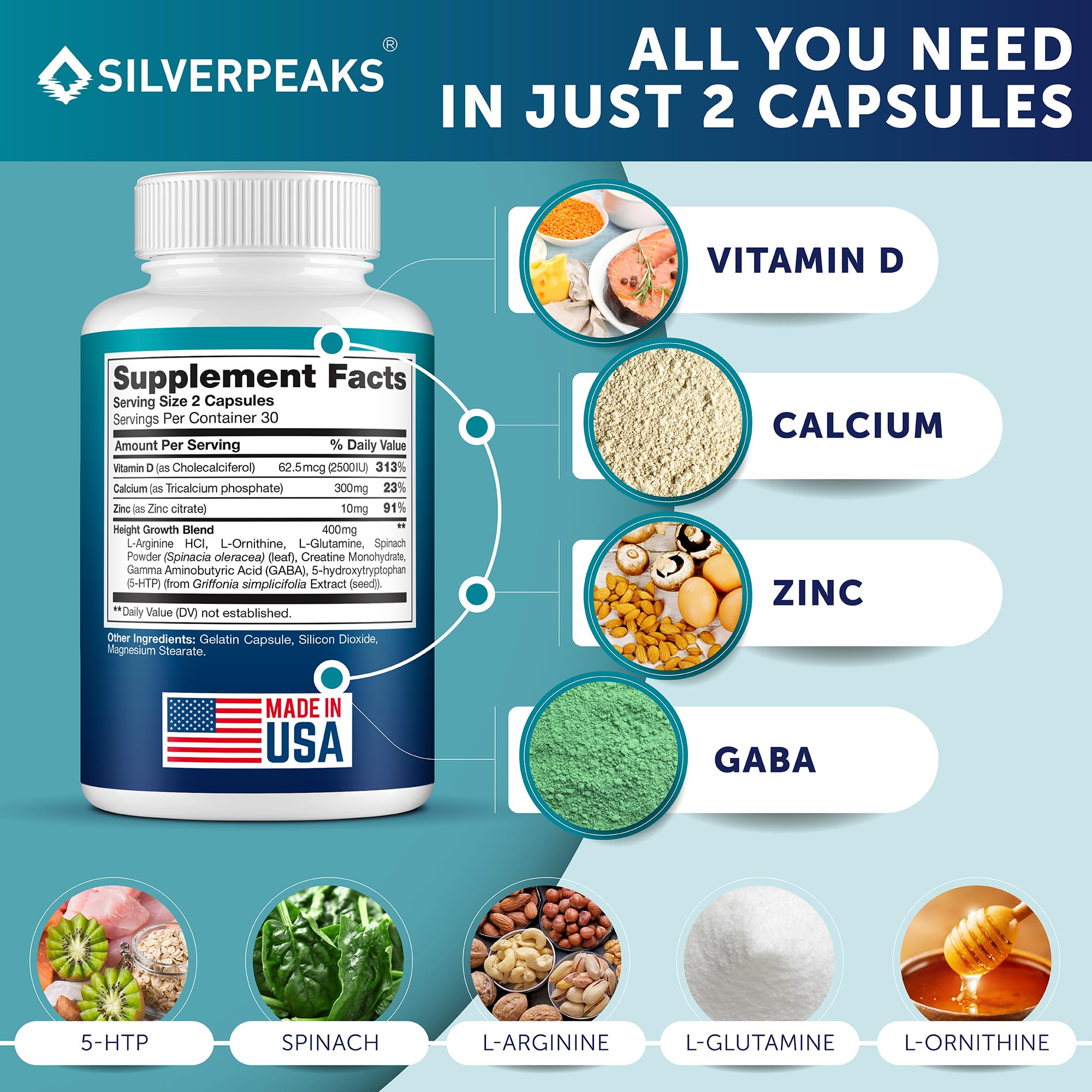 SILVERPEAKS Growth Capsules ingredients label featuring calcium and vitamin D.