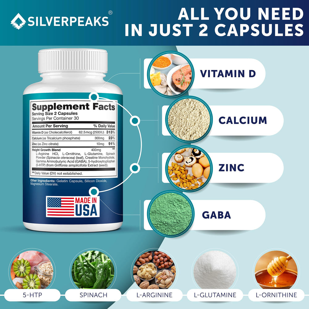 SILVERPEAKS Growth Capsules ingredients label featuring calcium and vitamin D.