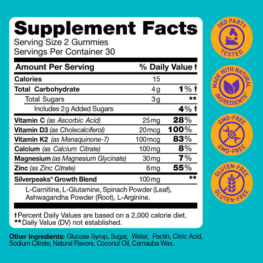 SILVERPEAKS height growth gummies serving spoon shows easy daily dose