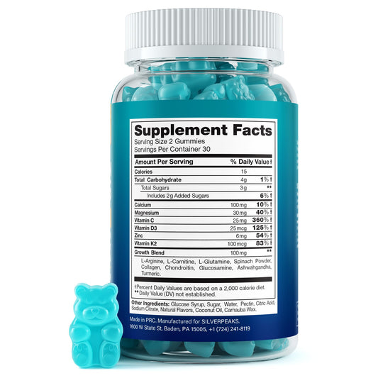 Silverpeaks Height Growth Gummies packaging showing easy two-gummy daily dosage.