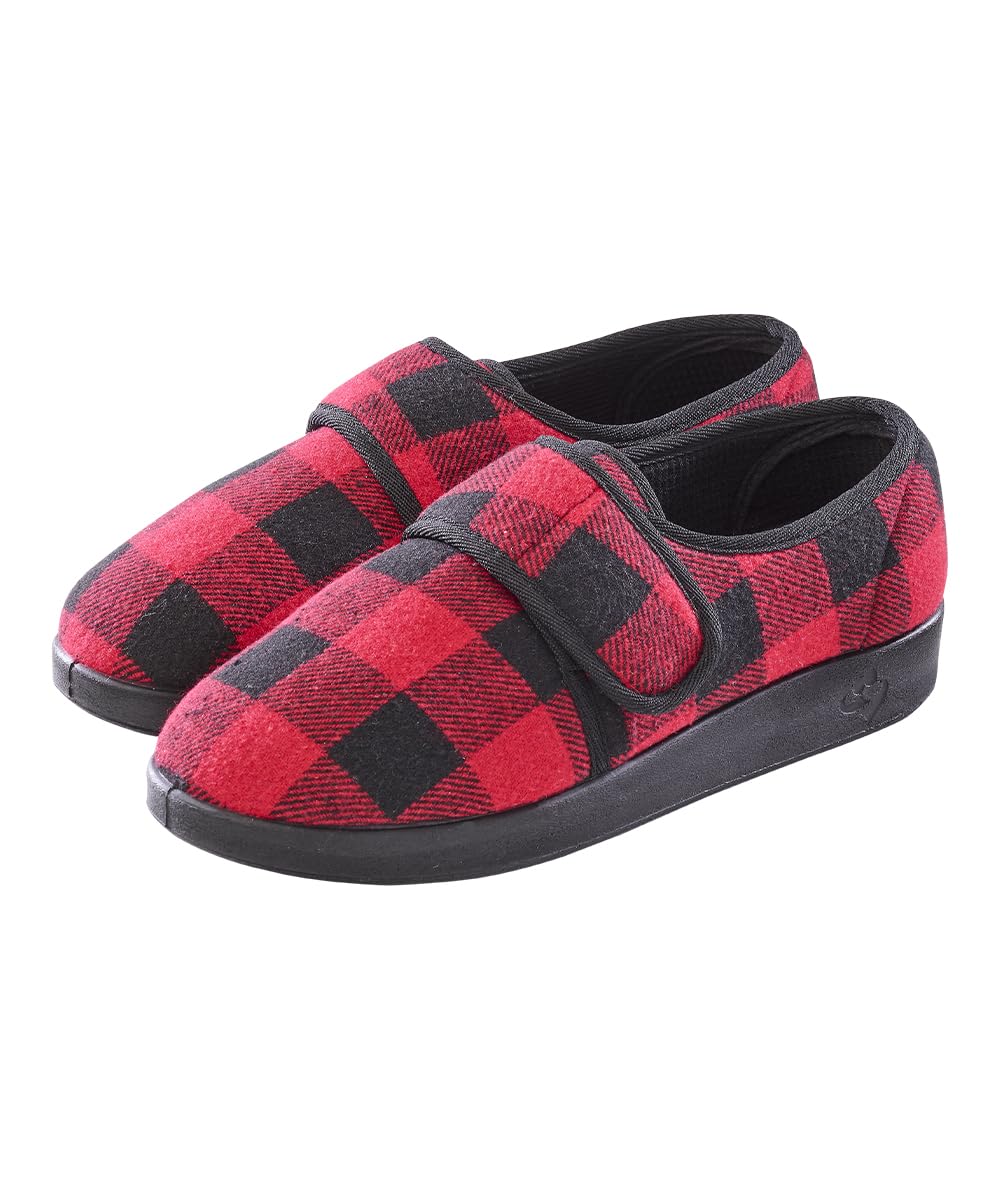 Silvert's adaptive slippers with easy closure in red buffalo plaid for effortless dressing.