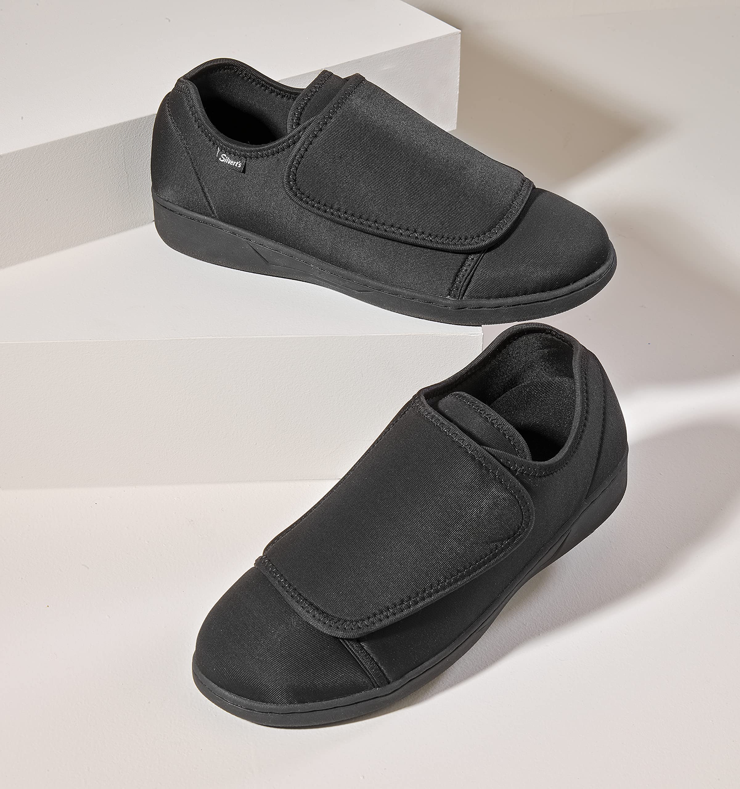 Silvert's Adaptive men's neoprene extra-wide ultra comfort flex shoes heel-closeup demonstrates deep, forgiving fit.