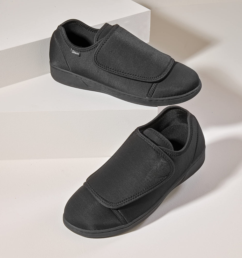 Silvert's Adaptive men's neoprene extra-wide ultra comfort flex shoes heel-closeup demonstrates deep, forgiving fit.