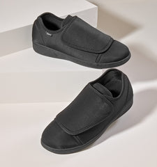 Silvert's Adaptive men's neoprene extra-wide ultra comfort flex shoes heel-closeup demonstrates deep, forgiving fit.
