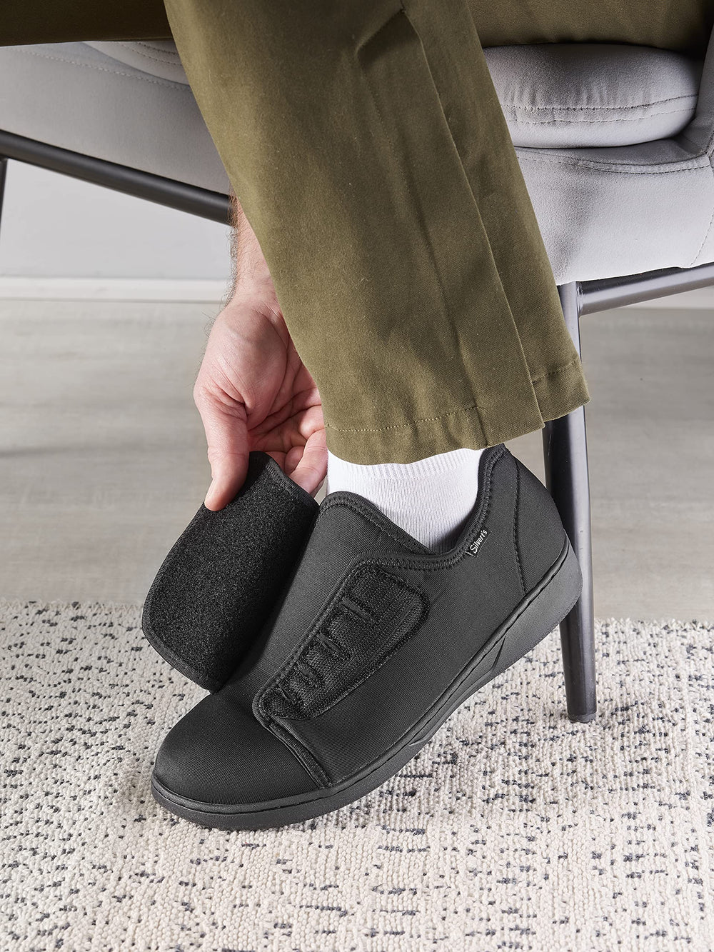 Silvert's Adaptive men's neoprene extra-wide ultra comfort flex shoes side view highlights slip-resistant soles for safe steps.