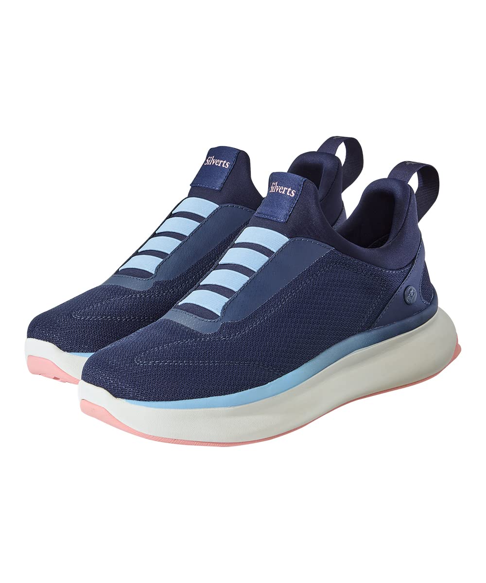 Silverts navy-wide fit with adjustable system supports swelling and foot conditions for comfortable wear.