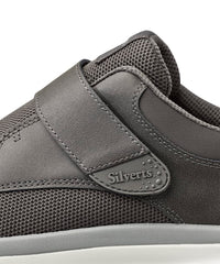 Silvert's Easy Wear extra wide walking shoe graphite featuring True Grip strap for quick adjustments.