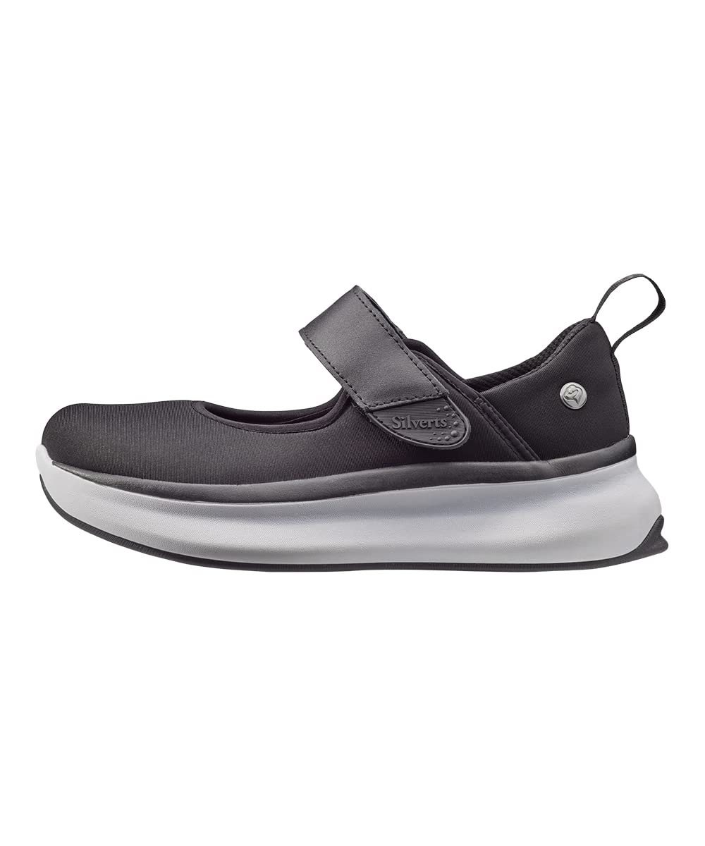 Silvert's extra-wide Mary Jane walking shoes, front view for easy on/off and stable strides.