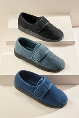 Navy and black color options for Silvert's wide-fit slippers.
