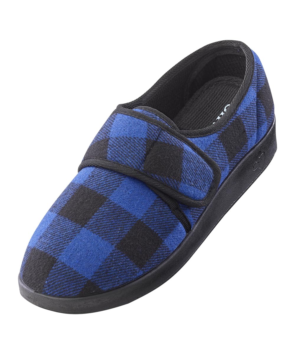 Silvert's Wide-width navy buffalo plaid slippers offer comfortable fit for daily wear.